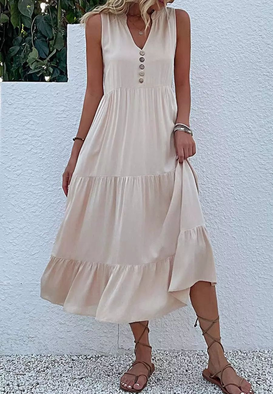 Dresses * | Anna-Kaci V Neck Tiered Midi Dress Beige