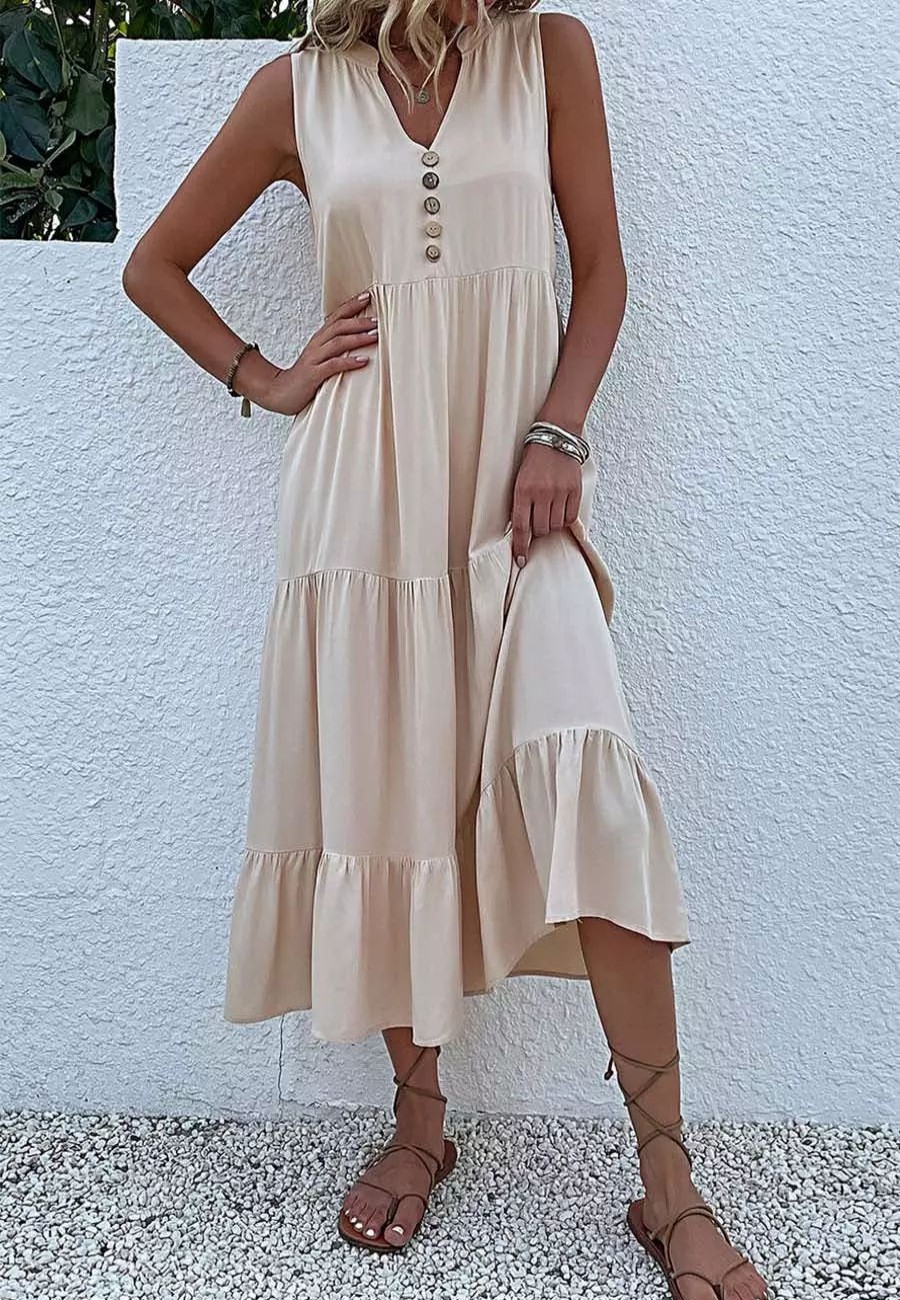 Dresses * | Anna-Kaci V Neck Tiered Midi Dress Beige