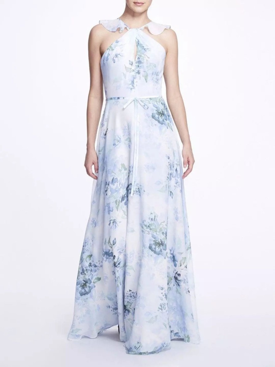 Dresses * | Marchesa Bridesmaids Pavia Printed Gown Dusty Blue