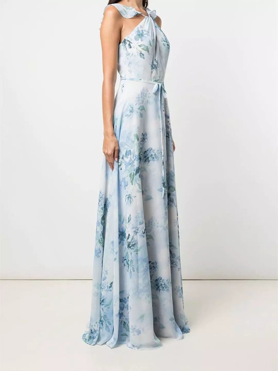 Dresses * | Marchesa Bridesmaids Pavia Printed Gown Dusty Blue