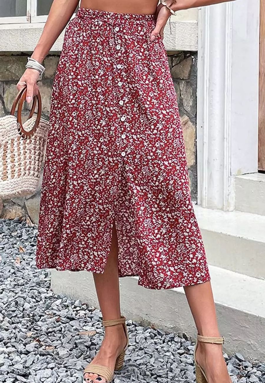 Skirts * | Anna-Kaci Ditsy Floral Button Down Skirt Burgundy