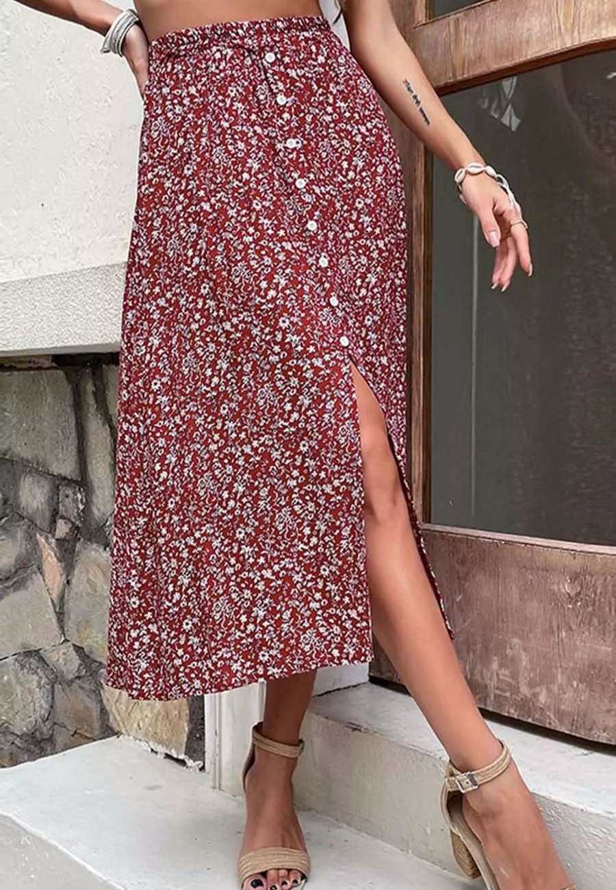 Skirts * | Anna-Kaci Ditsy Floral Button Down Skirt Burgundy