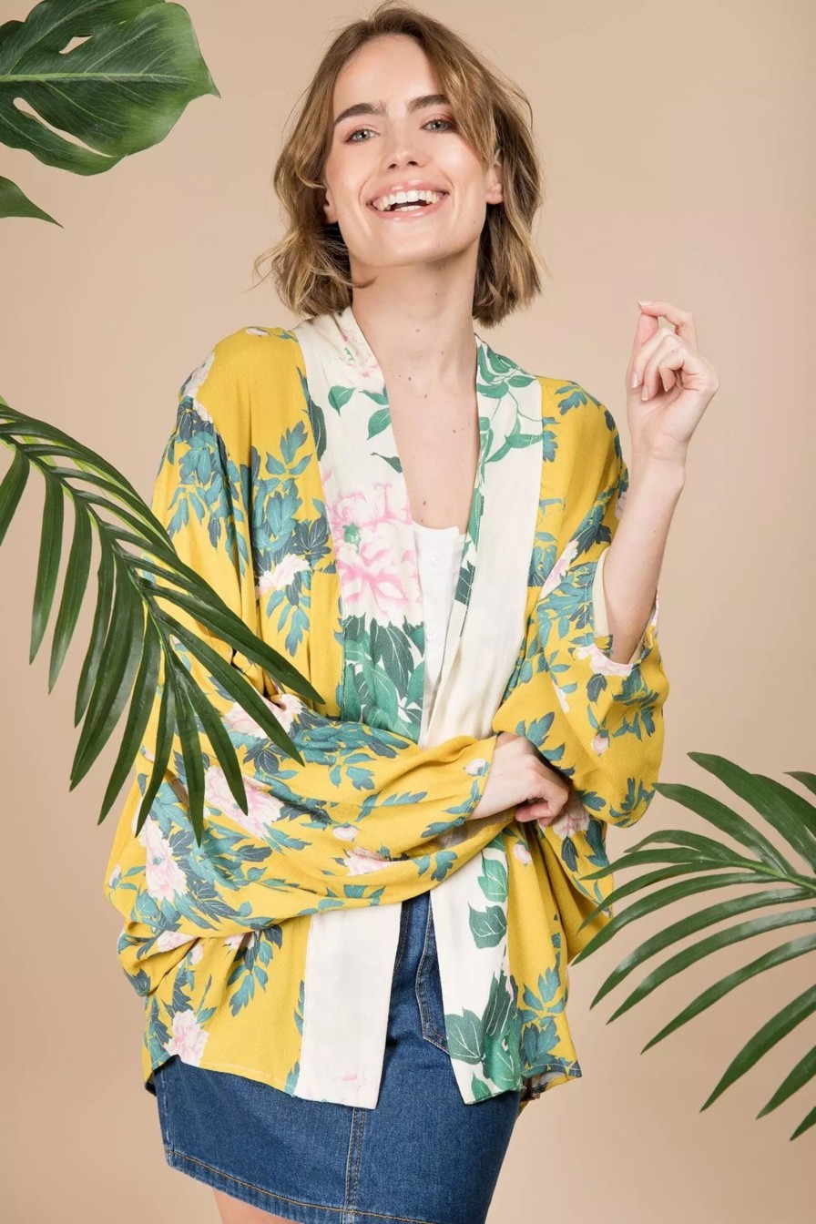 Dresses * | Saachi Style Vintage Floral Cocoon Kimono Yellow