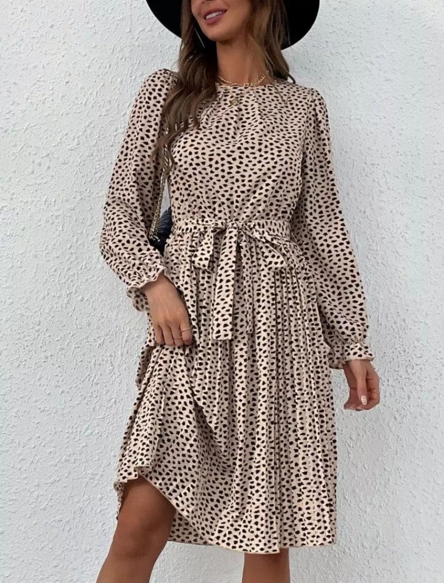 Dresses * | Anna-Kaci Cheetah Print Pleated Fall Dress Beige