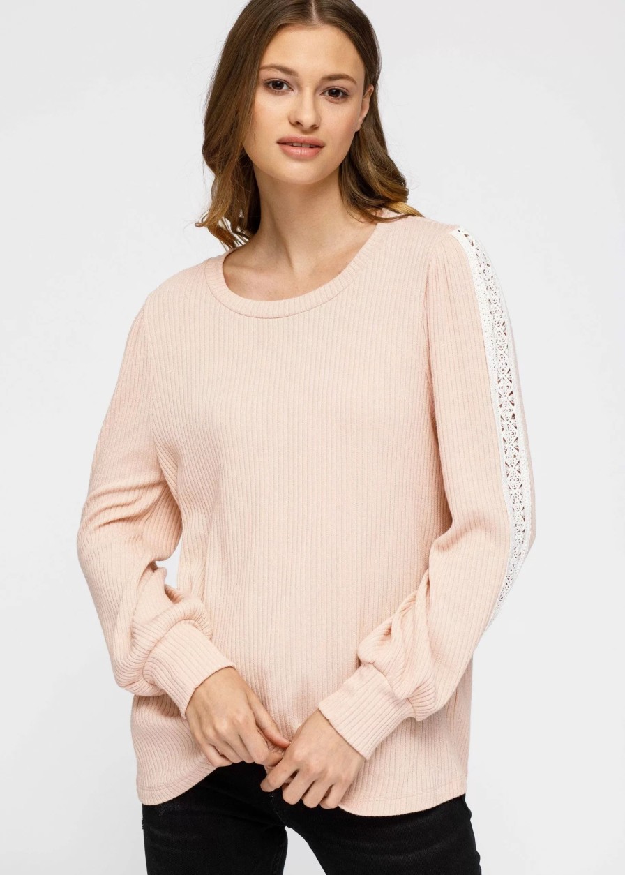 Sweatshirts & Sweaters * | Pleione Women'S Round Neck Sweater With Long Cuff Sleeves Blush