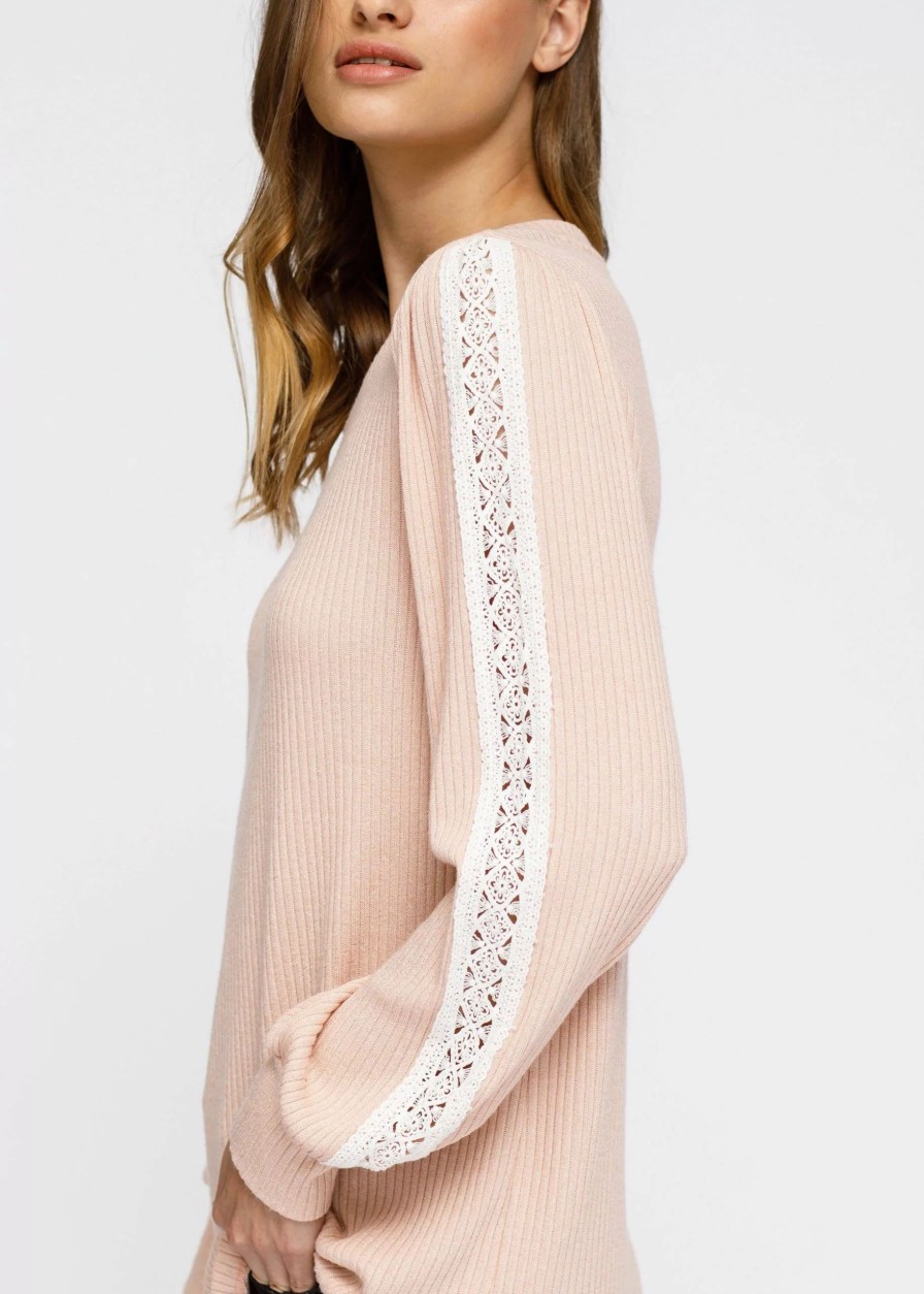 Sweatshirts & Sweaters * | Pleione Women'S Round Neck Sweater With Long Cuff Sleeves Blush