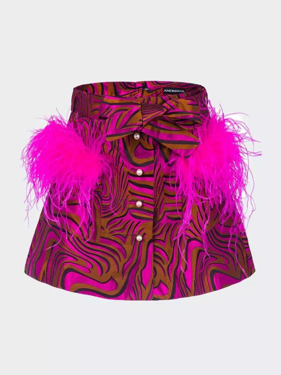 Skirts * | Andreeva Raspberry Printed Mini Skirt With Feathers Pink