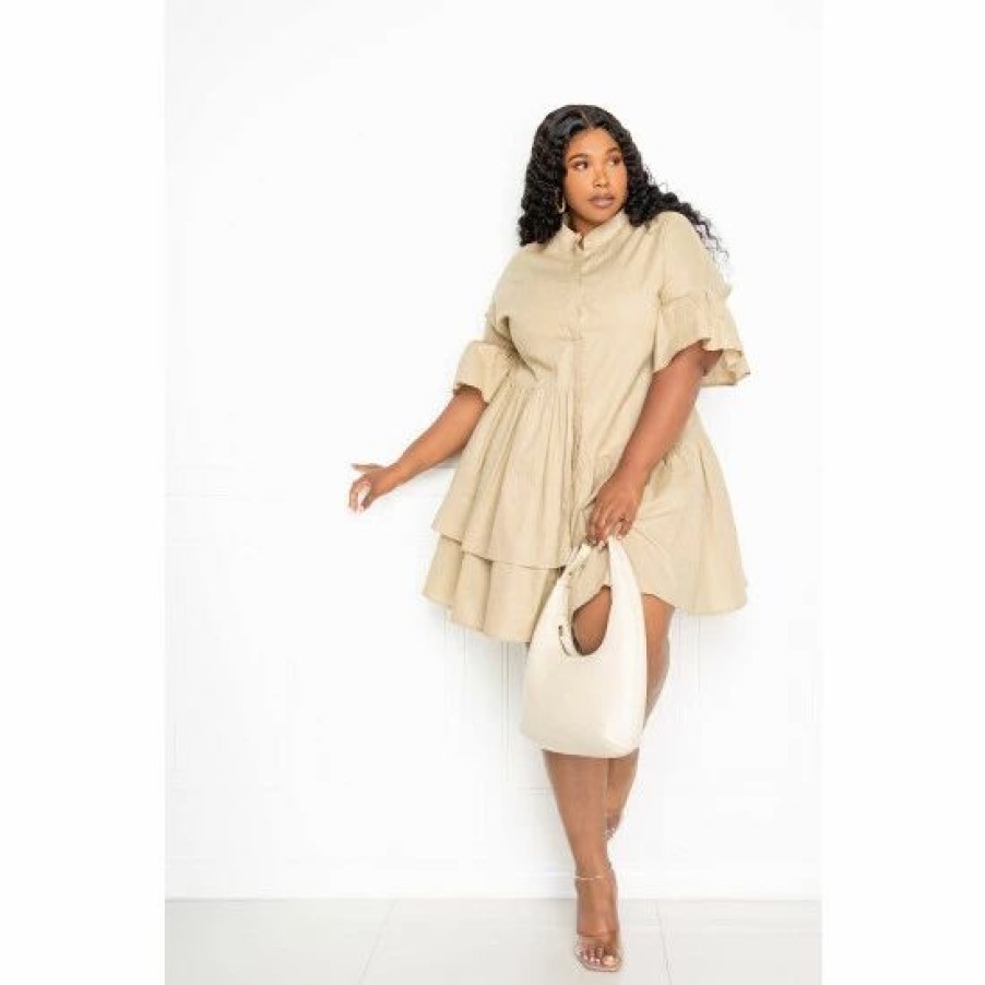 Dresses * | Buxom Couture Linen Flutter Mini Dress Dresses Beige