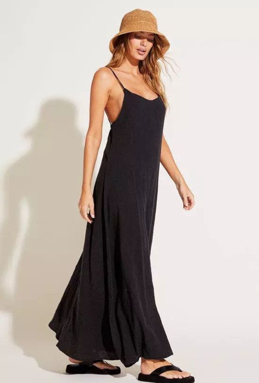 Dresses * | Vitamin A Mari Maxi Dress Crinkle Linen Black