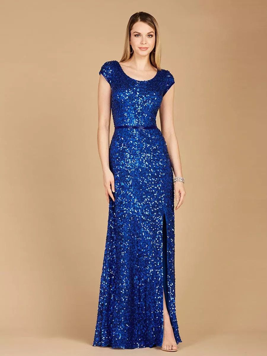 Dresses * | Lara 29322 Beaded Cap Sleeve Dress With High Slit Sapphire