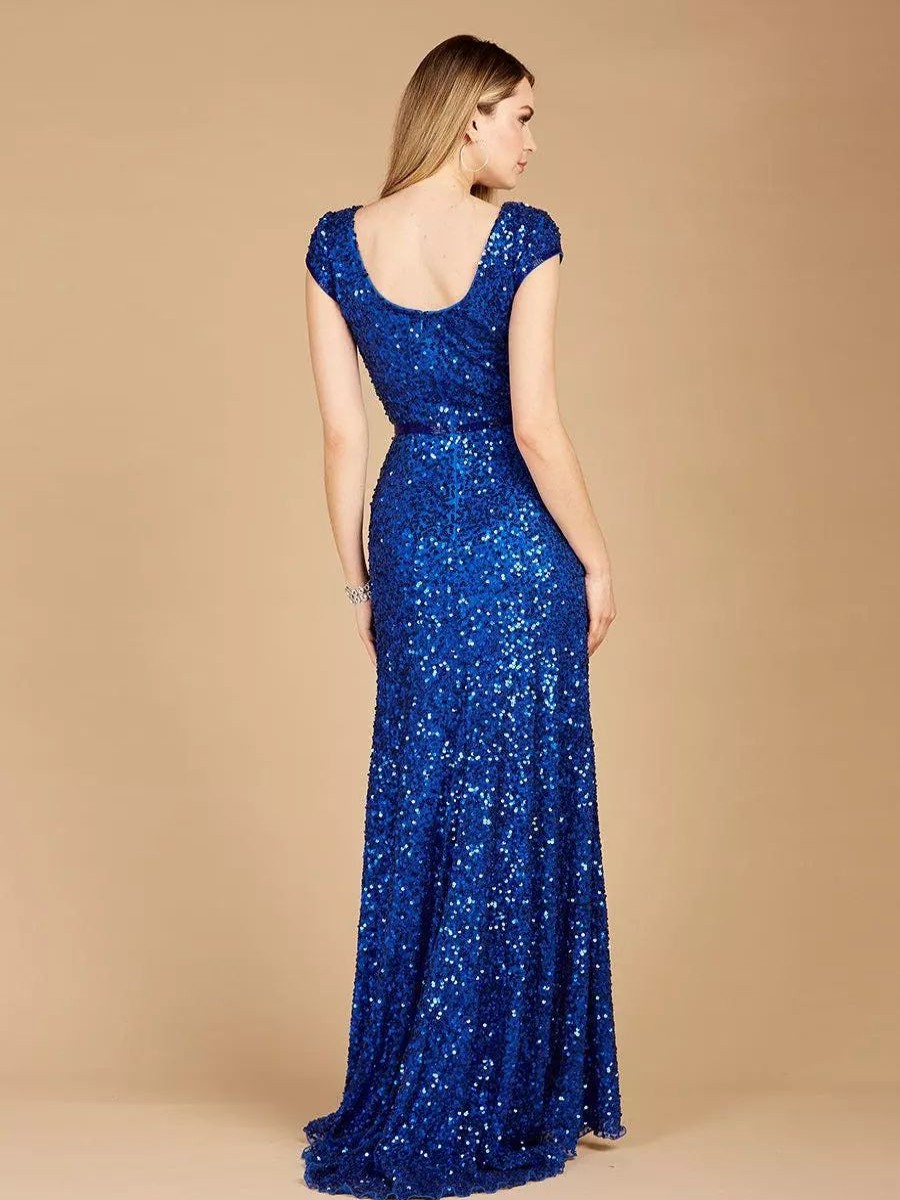 Dresses * | Lara 29322 Beaded Cap Sleeve Dress With High Slit Sapphire