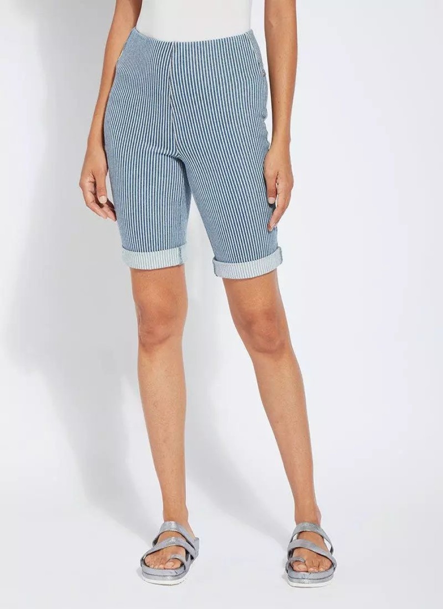 Bottoms * | Lysse Boyfriend Short Pattern Mid Wash Stripe