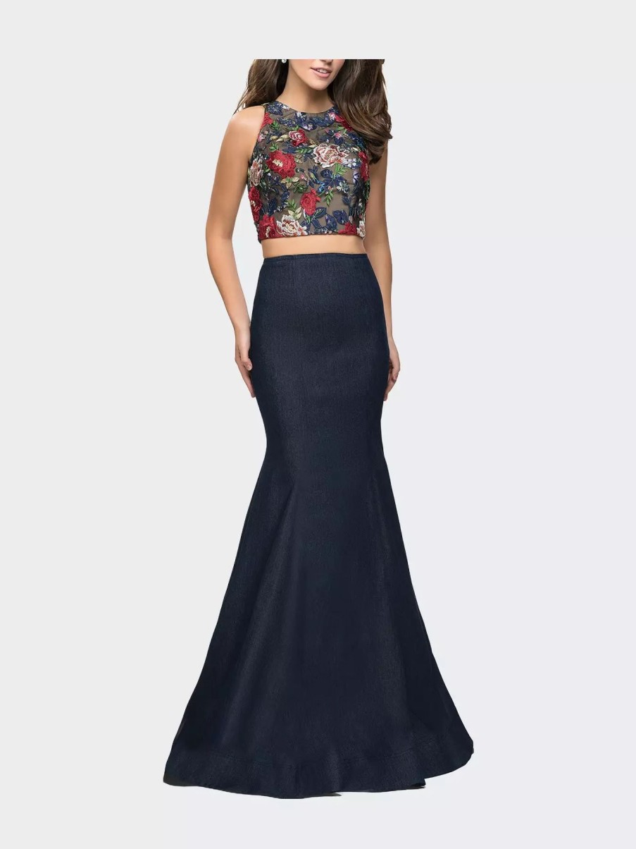 Dresses * | La Femme Two Piece Mermaid Prom Dress With Denim Skirt Dark Wash