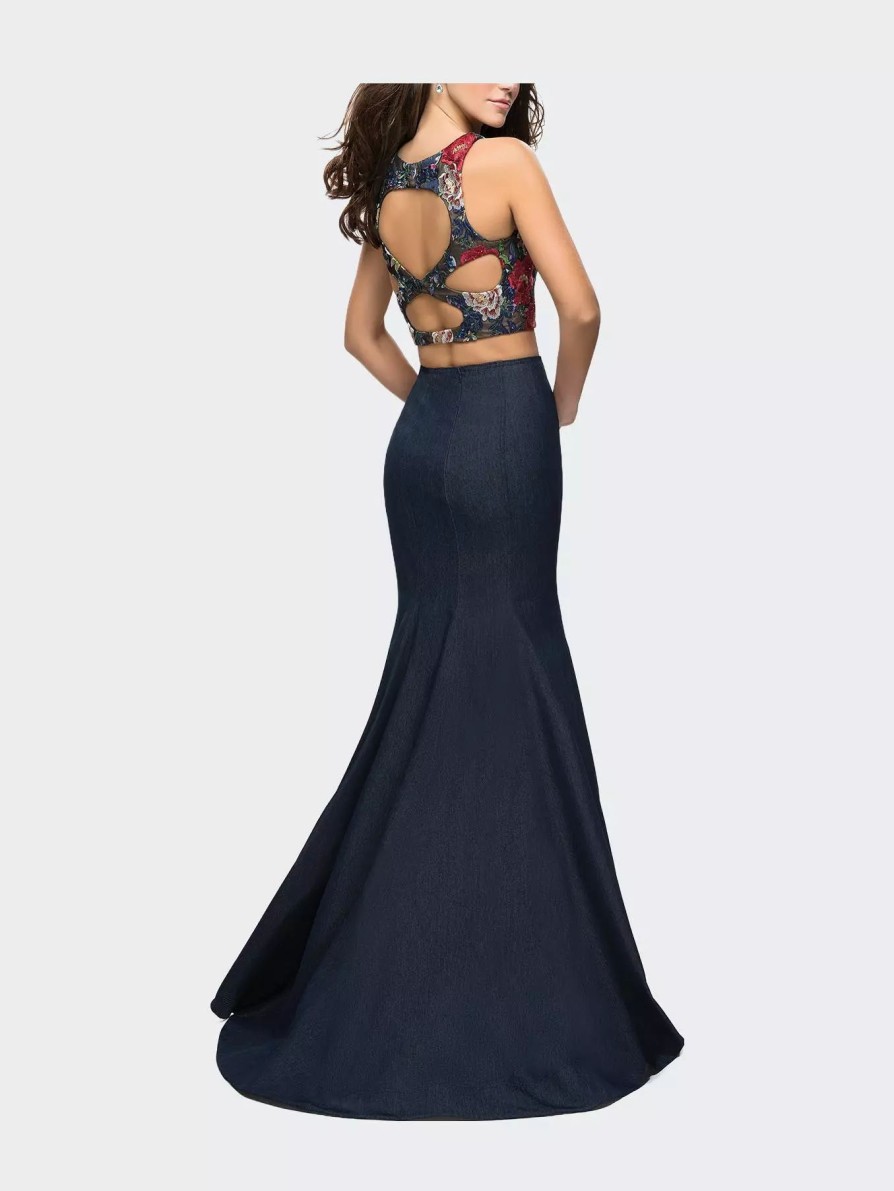 Dresses * | La Femme Two Piece Mermaid Prom Dress With Denim Skirt Dark Wash