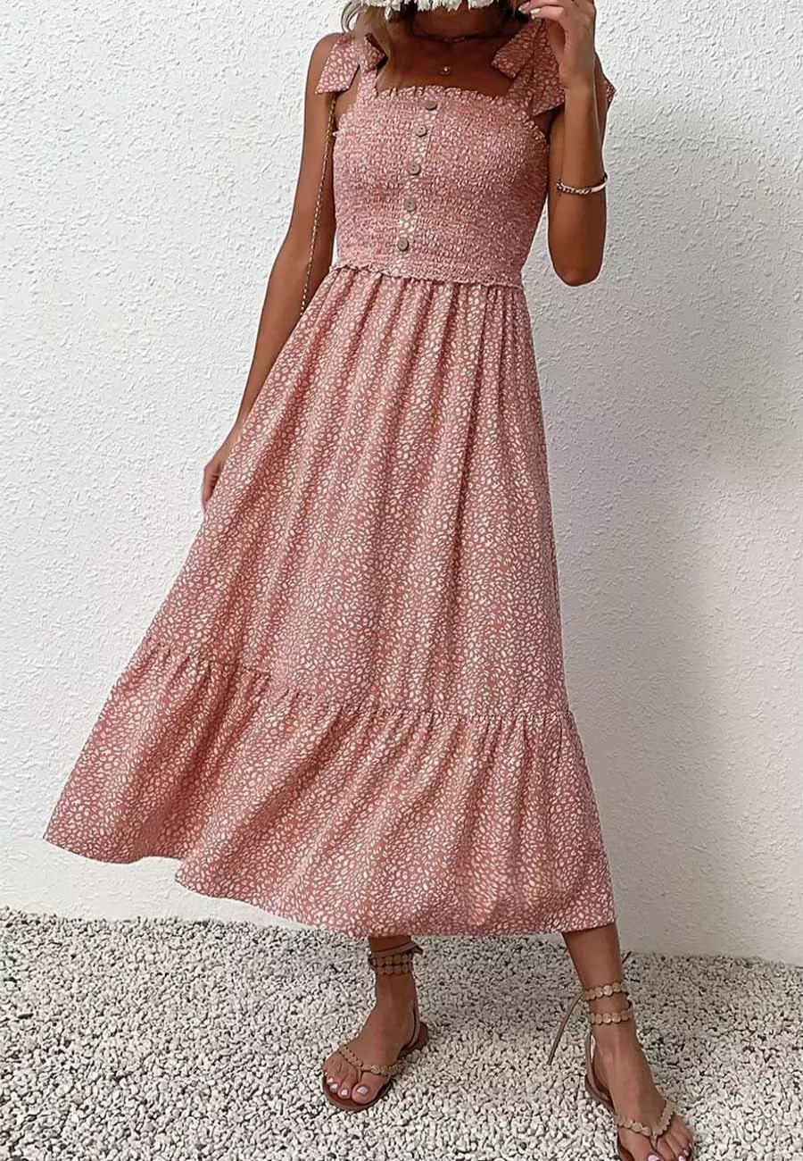 Dresses * | Anna-Kaci Tie Shoulder Shirred Dress Pink