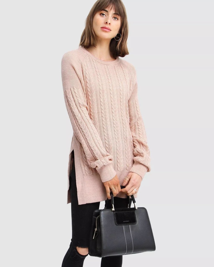 Sweatshirts & Sweaters * | Belle & Bloom At Last Cable Knit Jumper With Slit Blush