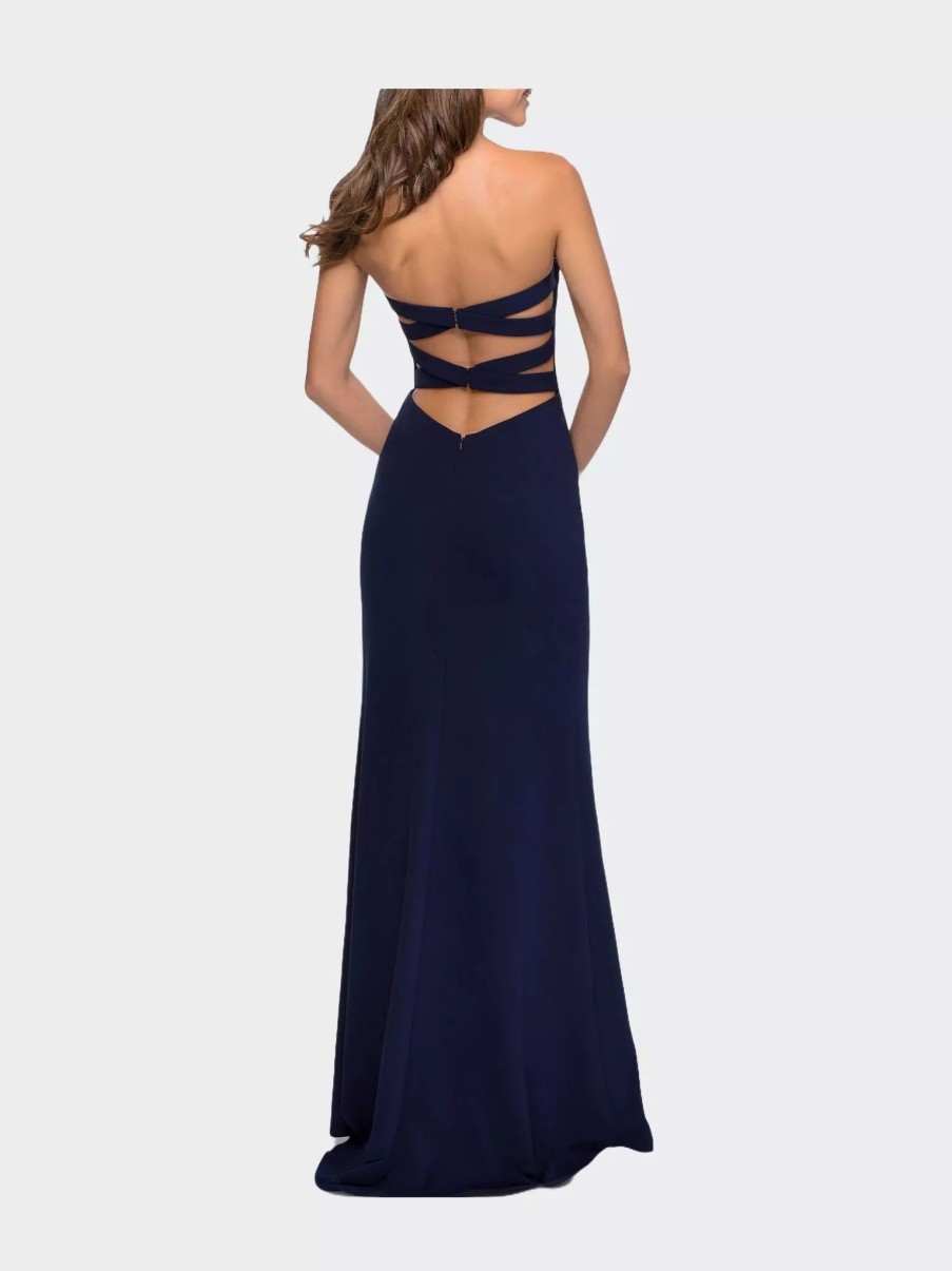 Dresses * | La Femme Strapless Double Strap Long Jersey Prom Dress Navy