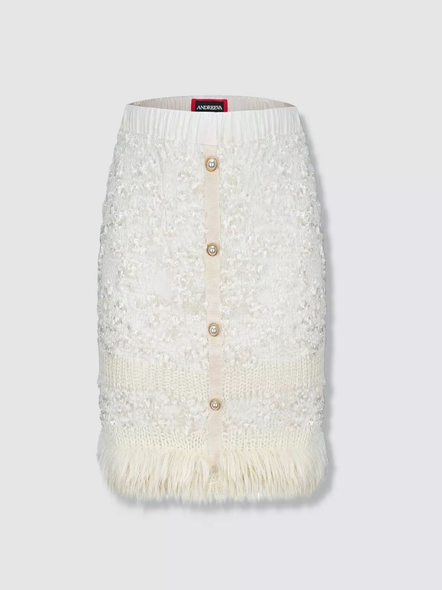 Skirts * | Andreeva Sundown Handmade Knit Skirt With Pear Buttons White