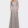 Dresses * | La Femme Ce Dress With Three-Quarter Sleeves And Illusion Neckline Pearl Silver