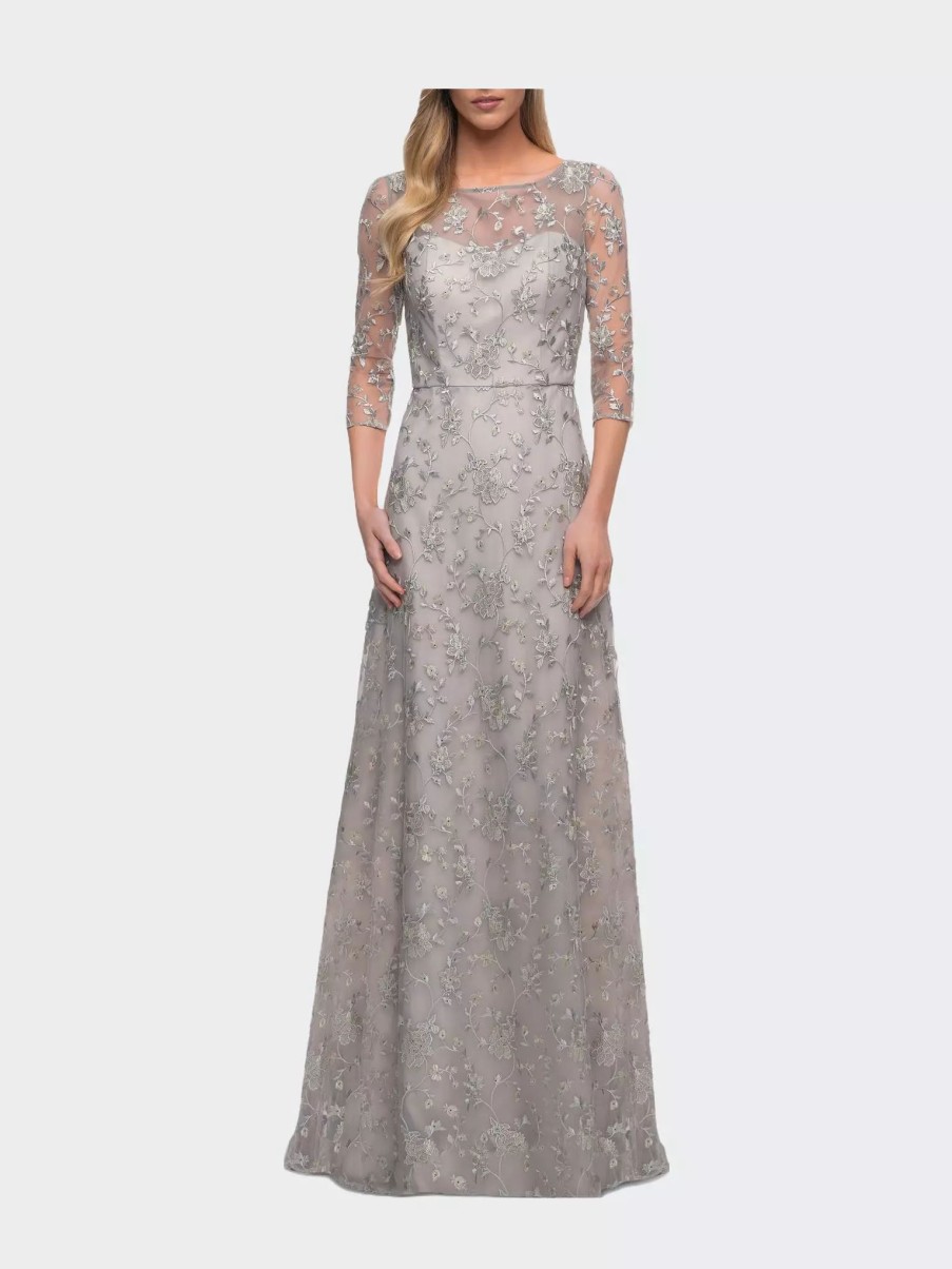 Dresses * | La Femme Ce Dress With Three-Quarter Sleeves And Illusion Neckline Pearl Silver