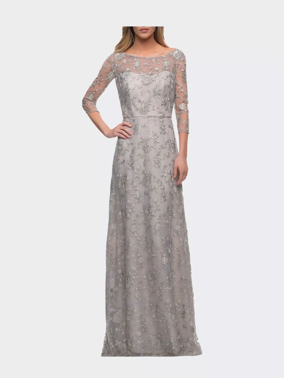 Dresses * | La Femme Ce Dress With Three-Quarter Sleeves And Illusion Neckline Pearl Silver