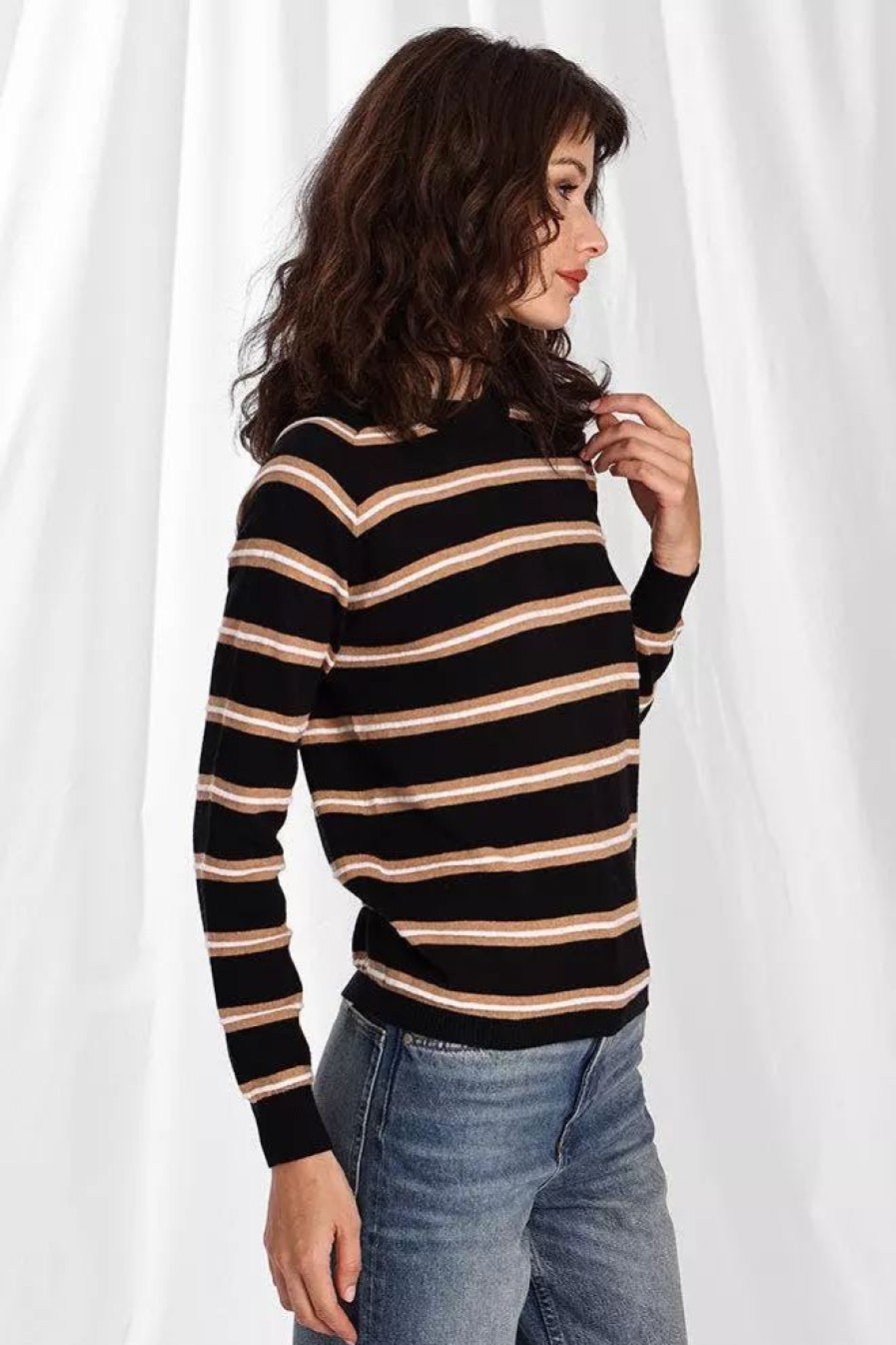 Sweatshirts & Sweaters * | Minnie Rose Cttn Cash Textured Stripe Crew Sweaters