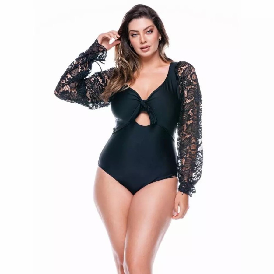 Swimwear * | Lehona Swimsuit No Padded With Puffed Sleeves Black, Laced Black Black/Laced Black