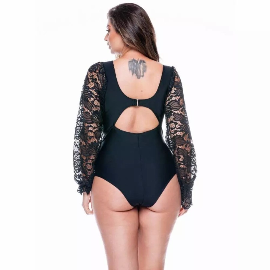 Swimwear * | Lehona Swimsuit No Padded With Puffed Sleeves Black, Laced Black Black/Laced Black