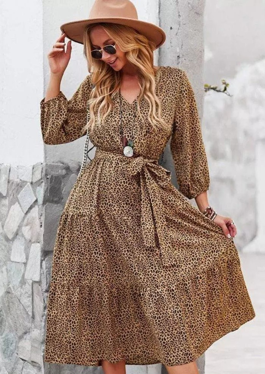 Dresses * | Anna-Kaci Leopard Print Tie Waist Dress