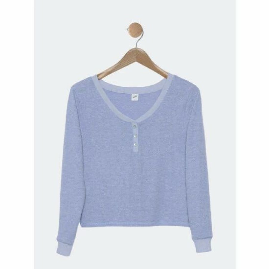 Sweatshirts & Sweaters * | Lezat Liza Cozy Henley Sweatshirts & Sweaters Dusty Blue Chambray