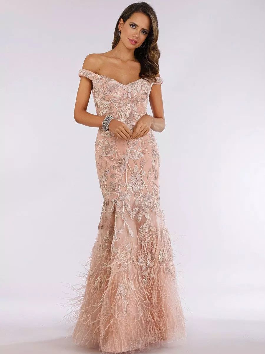 Dresses * | Lara 29632 Mermaid Off Shoulder Dress With Feathers