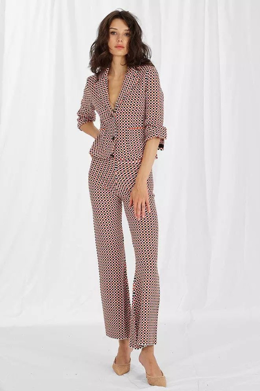 Bottoms * | Minnie Rose Cotton Blend Jacquard Flared Pant Marmalade Checkers