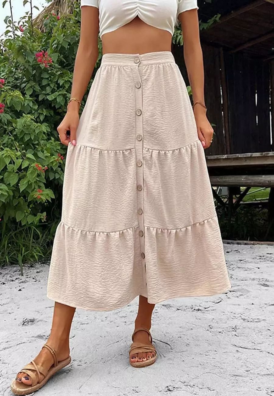 Skirts * | Anna-Kaci Button Down Tiered Midi Skirt Beige