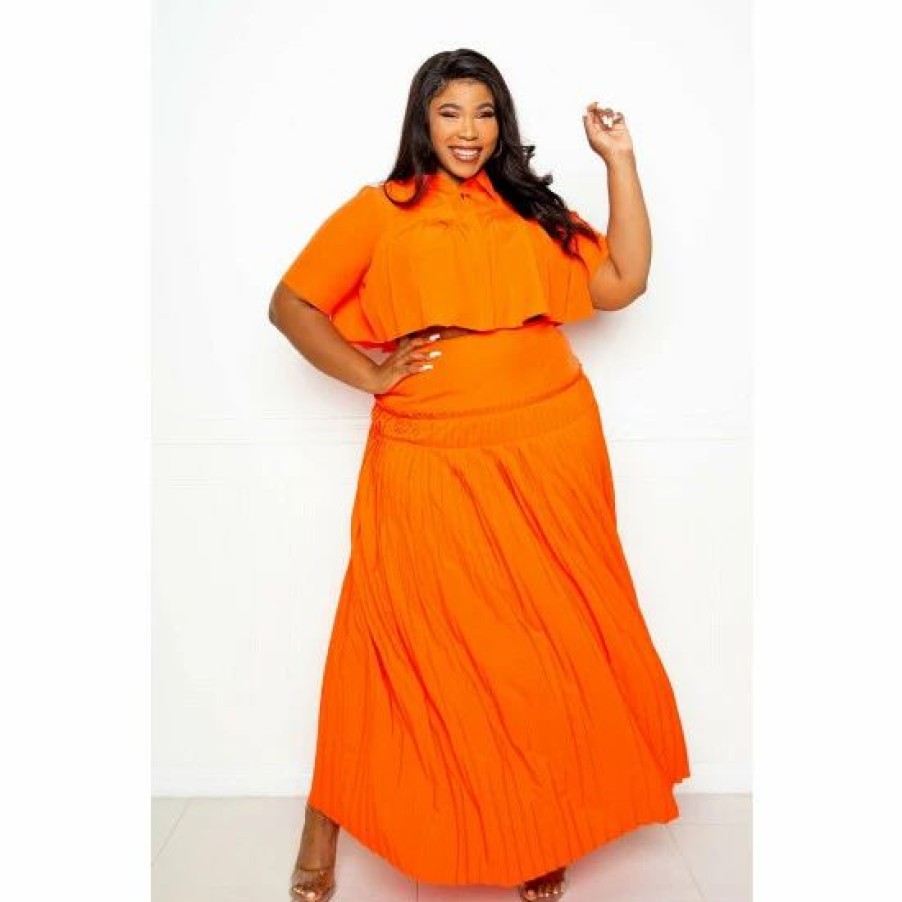 Skirts * | Buxom Couture Pleated Cropped Top And Skirt Set Skirts Orange