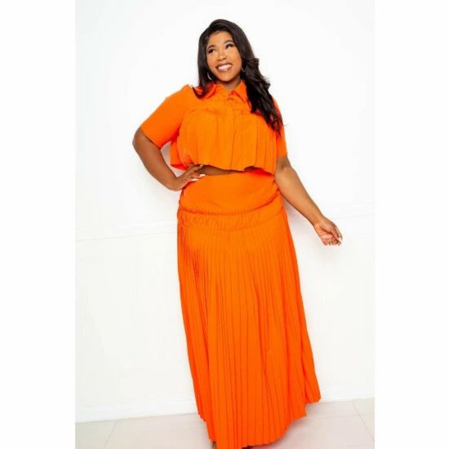 Skirts * | Buxom Couture Pleated Cropped Top And Skirt Set Skirts Orange