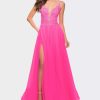 Dresses * | La Femme A Line Tulle Gown With Lace Bodice And V Back Neon Pink