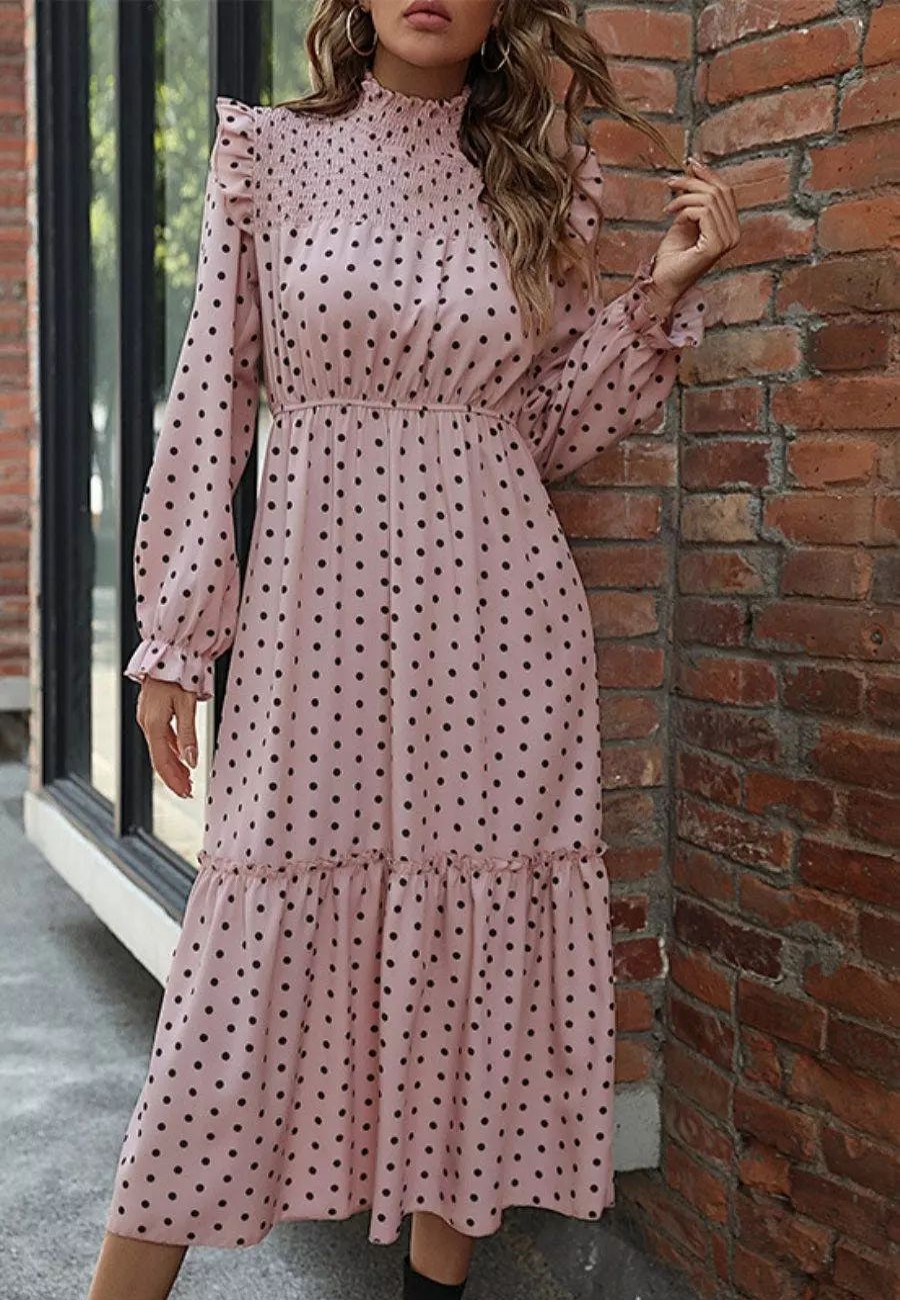 Dresses * | Anna-Kaci Shirred Neck Polka Dot Dress Pink