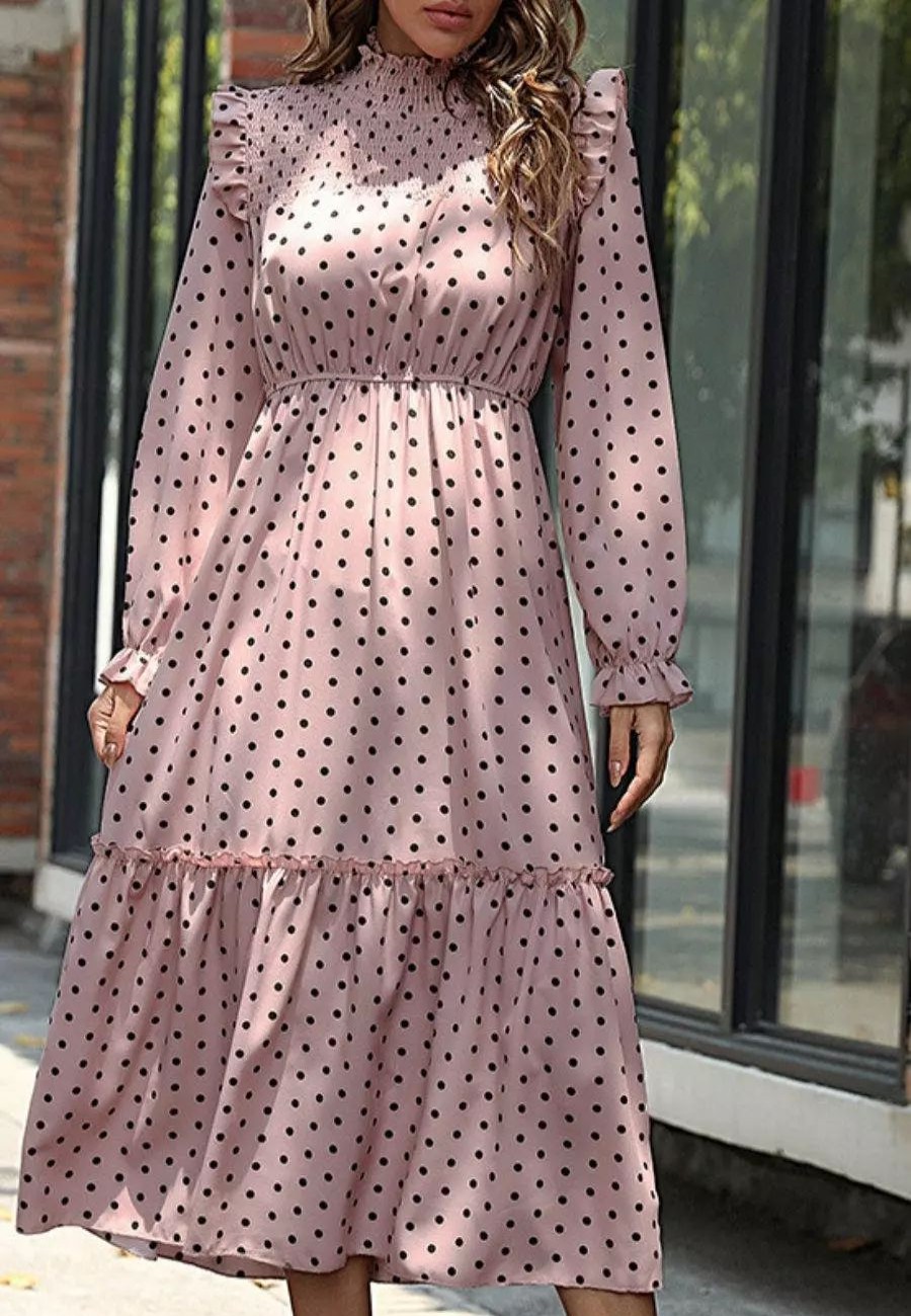 Dresses * | Anna-Kaci Shirred Neck Polka Dot Dress Pink