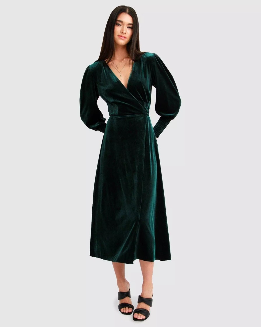 Dresses * | Belle & Bloom Current Mood Velvet Wrap Dress Dark Green