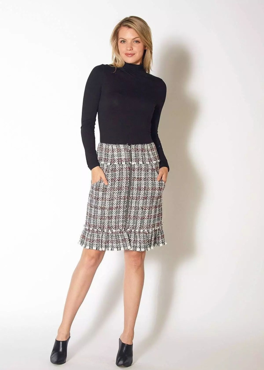 Skirts * | Pleione Women'S Plaid Tweed Zipper Front Skirt Black Red Tweed