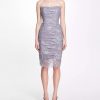 Dresses * | Marchesa Notte Strapless Floral Glitter Tulle Ruched Cocktail Dress Silver