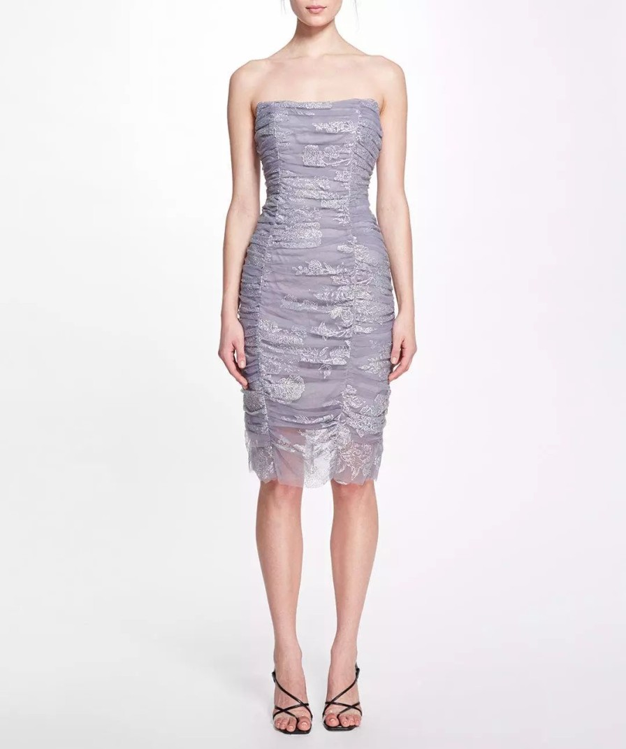 Dresses * | Marchesa Notte Strapless Floral Glitter Tulle Ruched Cocktail Dress Silver