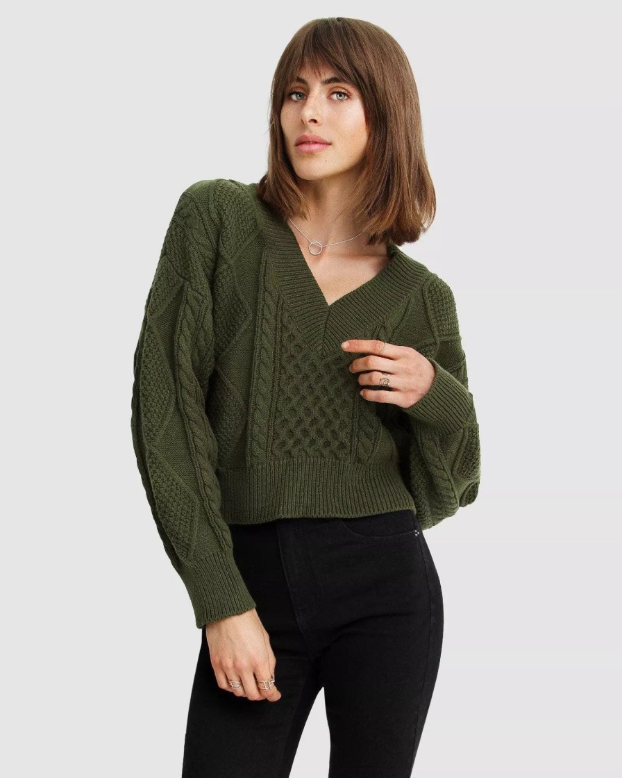 Sweatshirts & Sweaters * | Belle & Bloom Without You Cable Knit V-Neck Jumper Military