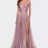 Dresses * | La Femme Metallic Chiffon Gown With Off The Shoulder Top Pink Metallic