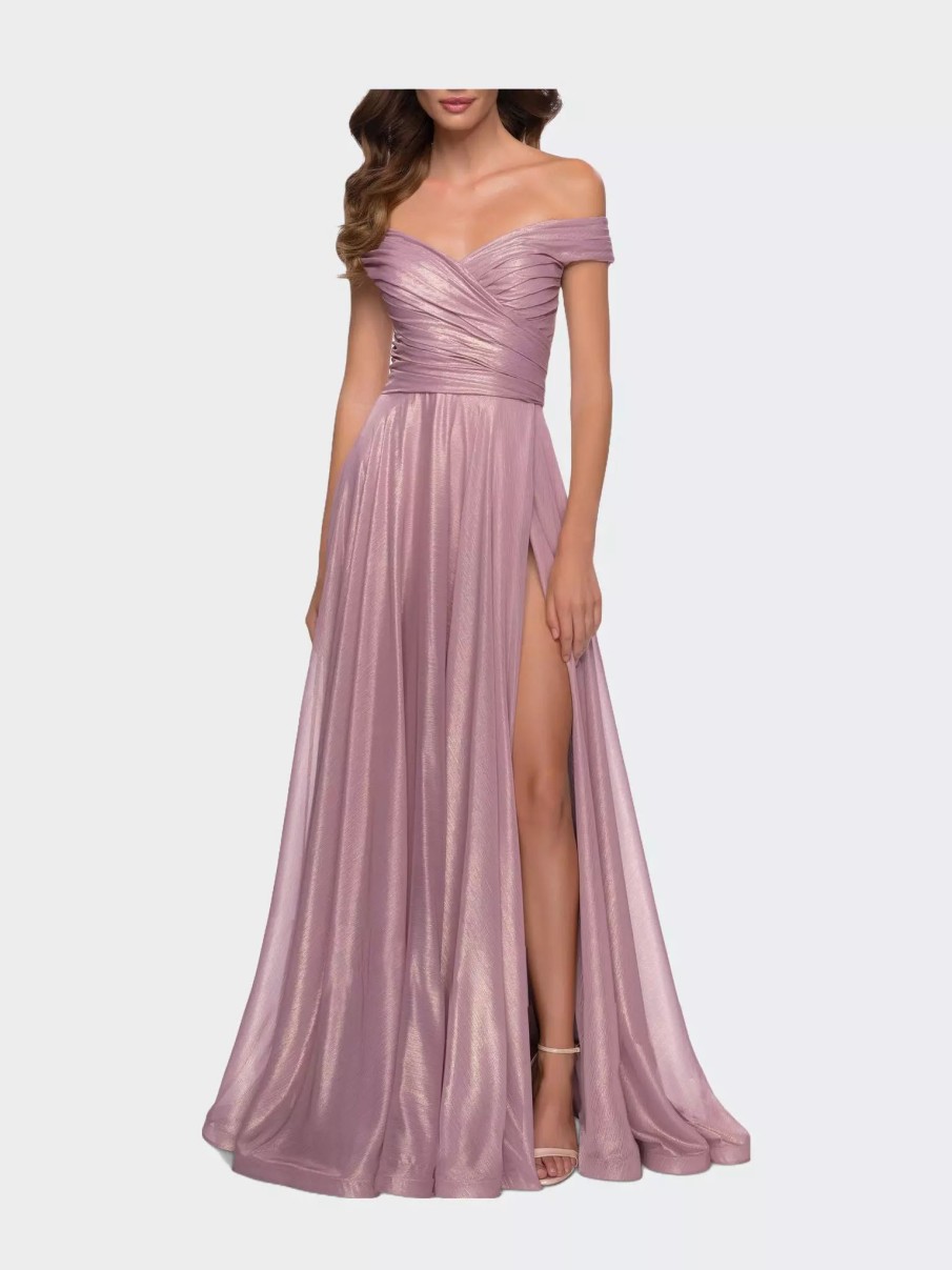 Dresses * | La Femme Metallic Chiffon Gown With Off The Shoulder Top Pink Metallic