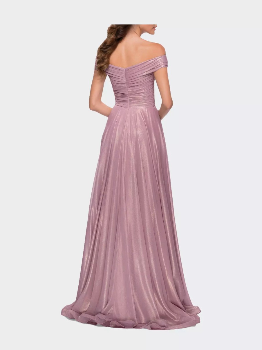 Dresses * | La Femme Metallic Chiffon Gown With Off The Shoulder Top Pink Metallic