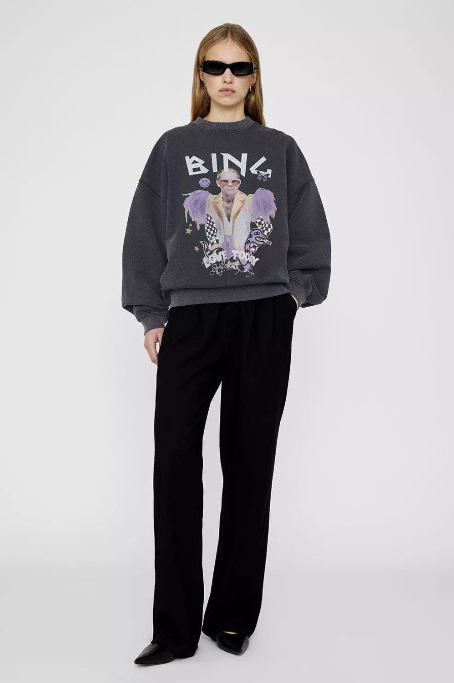 Sweatshirts & Sweaters * | Anine Bing Harvey Crew Ab X To X Iscreamcolour Elton John Washed Black