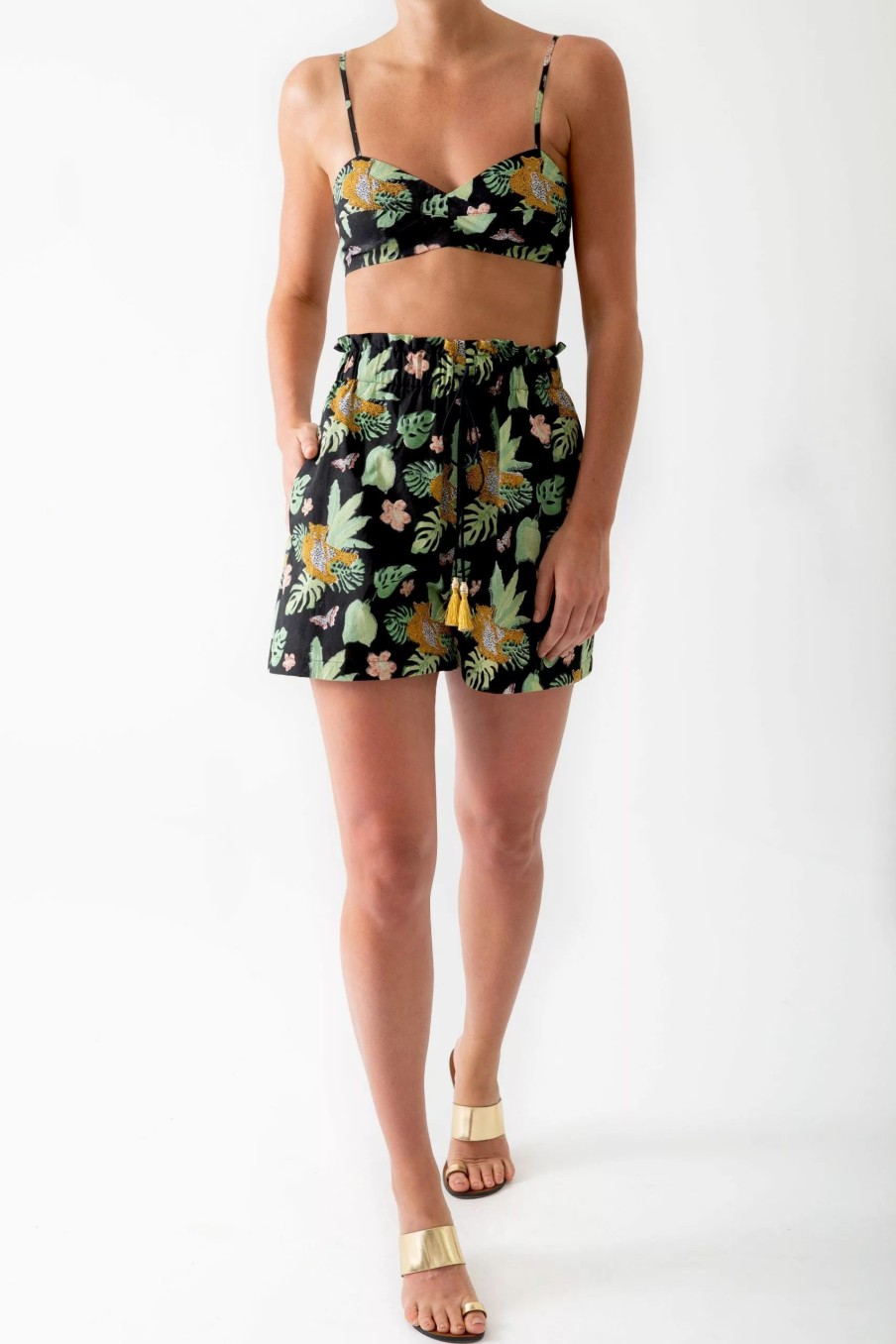 Bottoms * | Miguelina Block-Printed Jungle Sienna Shorts Black And Gold