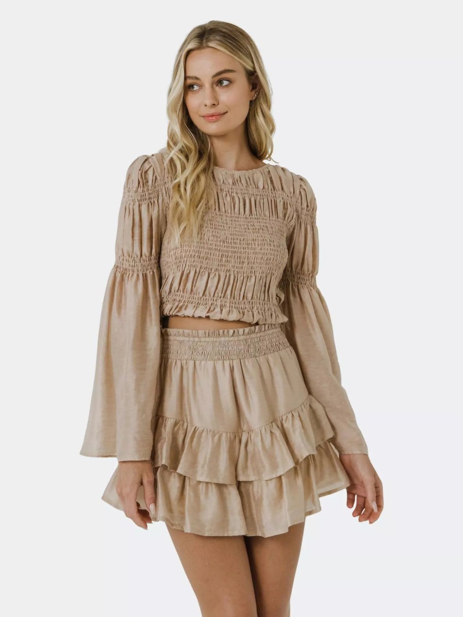 Skirts * | Free The Roses The Roses Smocked Waist Skort With Ruffle Beige