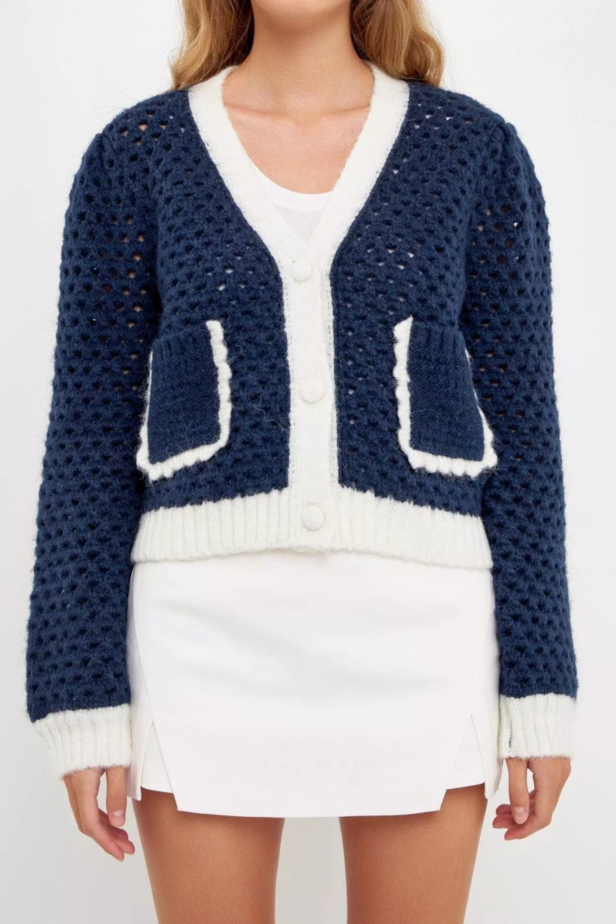 Sweatshirts & Sweaters * | English Factory Contrast Detail Cardigan Navy White